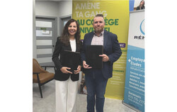 Saloua Zraida, chief executive of Collège Universel, and Patrick Pilon, director general of Réhabex, marked the formalization of a three-year partnership agreement aimed at supporting social reintegration and rehabilitation efforts in the Outaouais, under which the college will contribute $15,000 to the community organization between 2026 and 2028. Photo: Courtesy of Réhabex